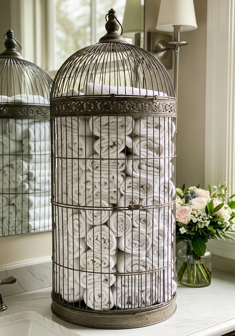 Cozy Towel Storage In A Cage - 50 Vintage Bird Cage Decor Ideas That Look High-End on a Budget