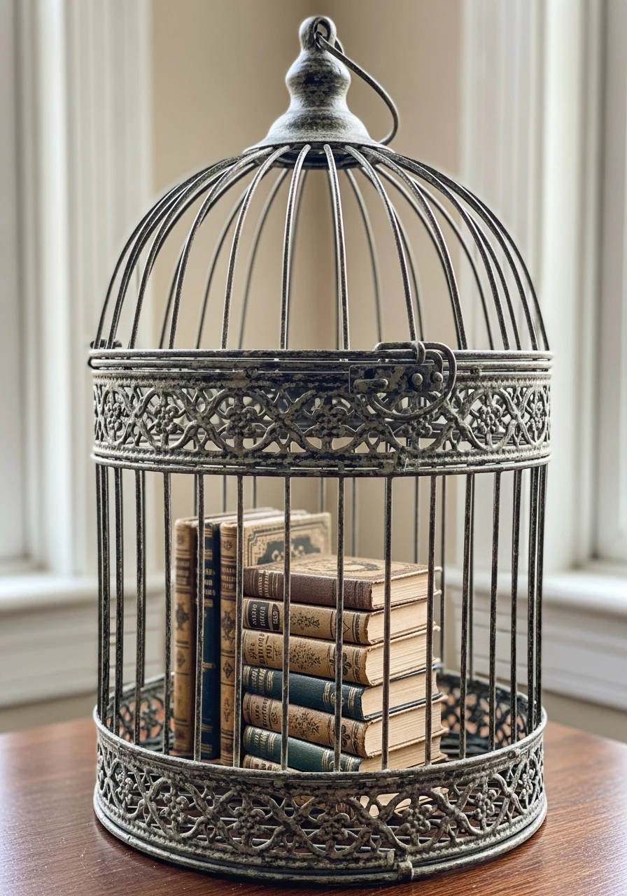 Literary Book Stack - 50 Vintage Bird Cage Decor Ideas That Look High-End on a Budget