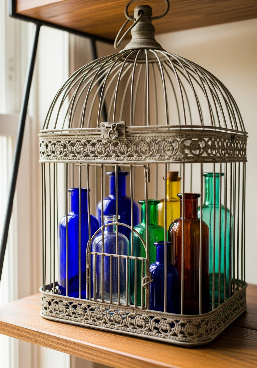 Antique Bottle Showcase - 50 Vintage Bird Cage Decor Ideas That Look High-End on a Budget