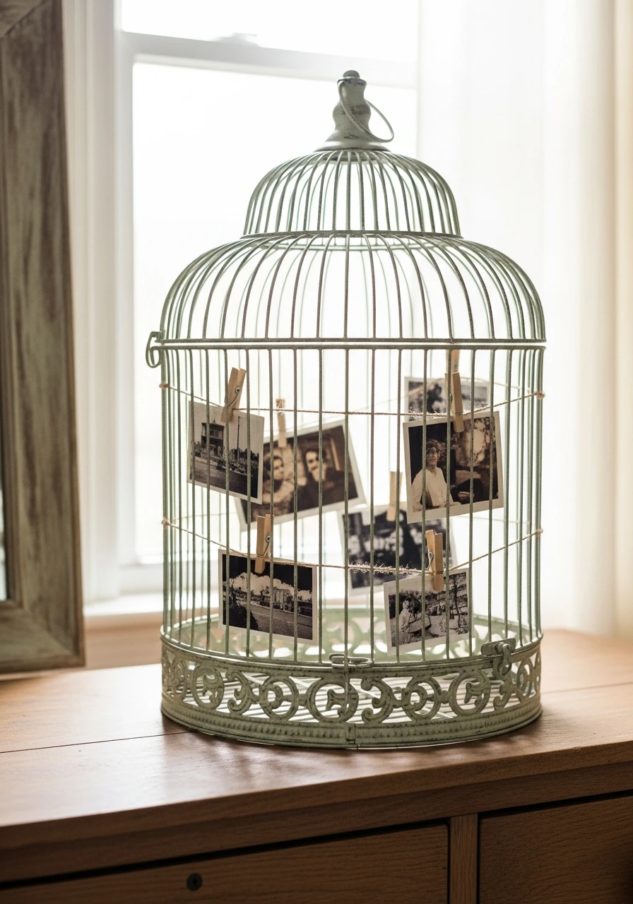 Sentimental Photo Hanger - 50 Vintage Bird Cage Decor Ideas That Look High-End on a Budget