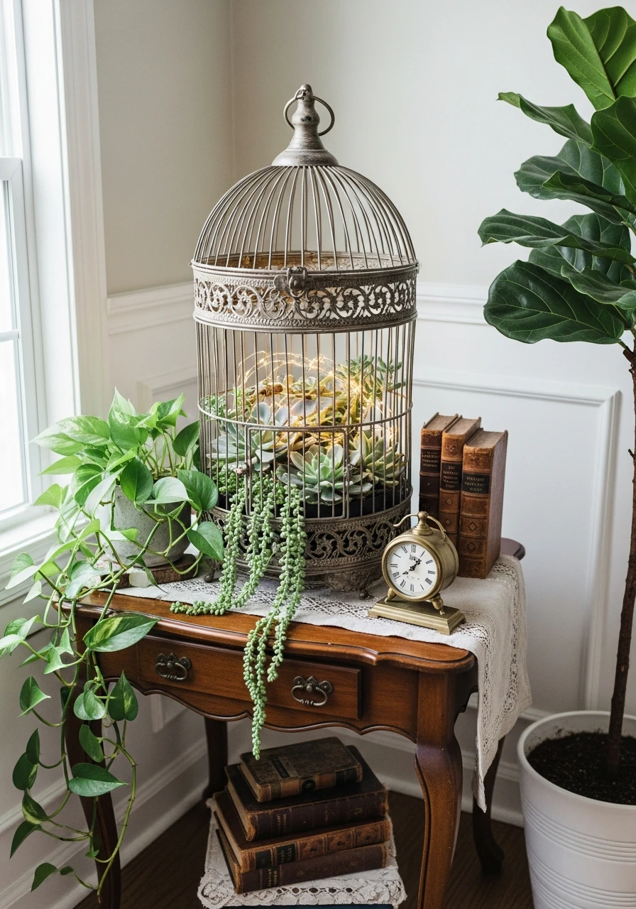 Styled Corner Vignette - 50 Vintage Bird Cage Decor Ideas That Look High-End on a Budget