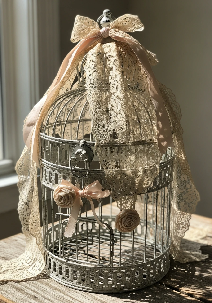 Shabby Chic Lace Details - 50 Vintage Bird Cage Decor Ideas That Look High-End on a Budget