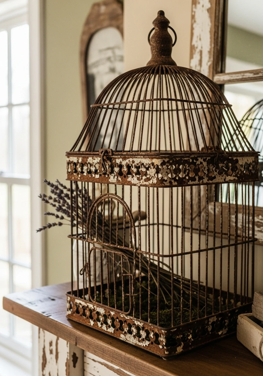 Weathered Rustic Metal Cage - 50 Vintage Bird Cage Decor Ideas That Look High-End on a Budget
