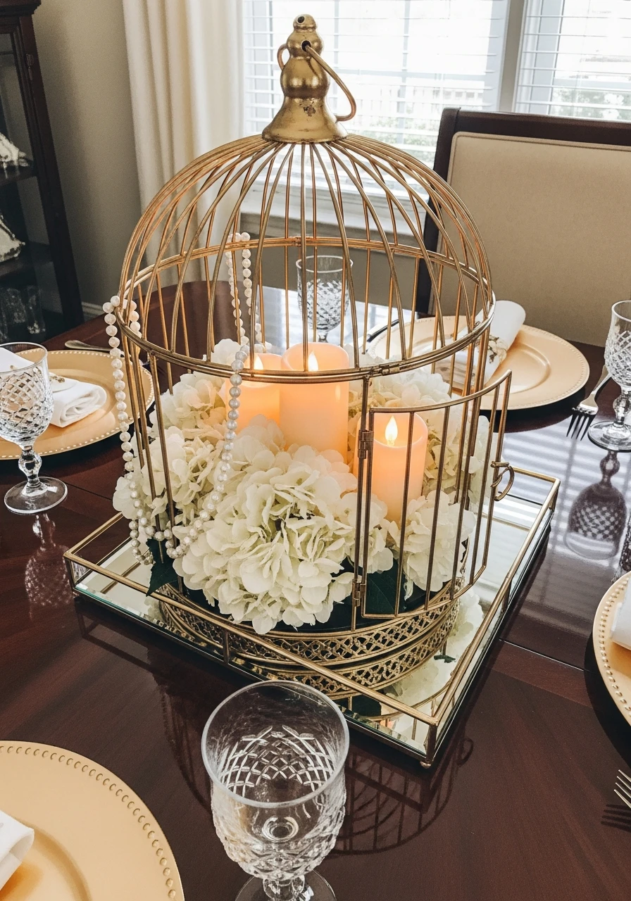 Elegant Gold Domed Centerpiece - 50 Vintage Bird Cage Decor Ideas That Look High-End on a Budget