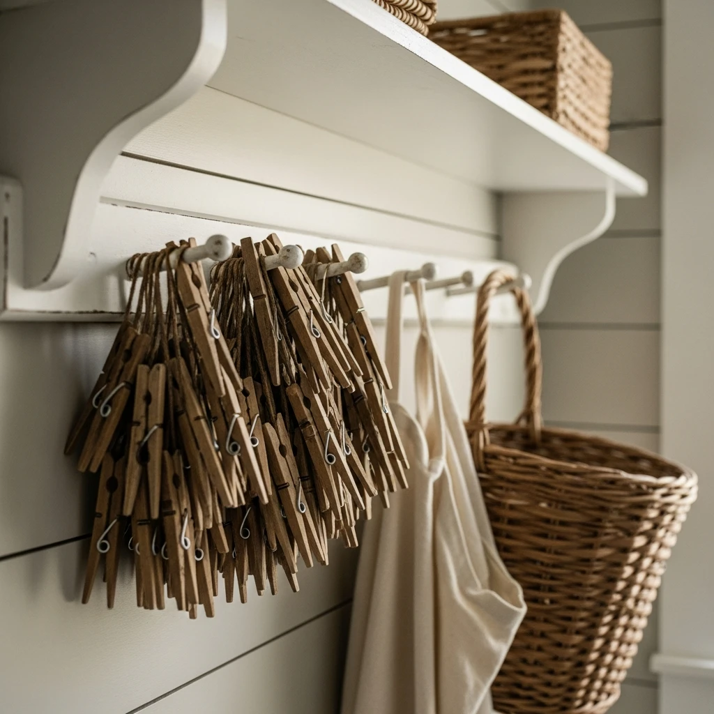 Wooden Peg Rail Storage - 50 Vintage Laundry Room Ideas That Look High-End