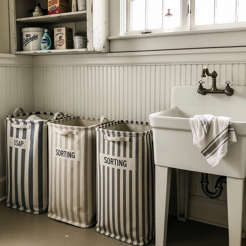 Striped Canvas Laundry Bins - 50 Vintage Laundry Room Ideas That Look High-End