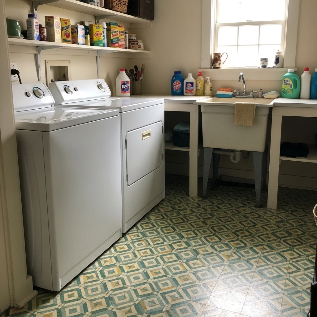 Retro Linoleum Flooring - 50 Vintage Laundry Room Ideas That Look High-End