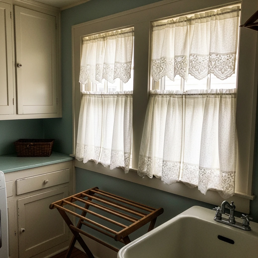 Fabric Window Curtains - 50 Vintage Laundry Room Ideas That Look High-End
