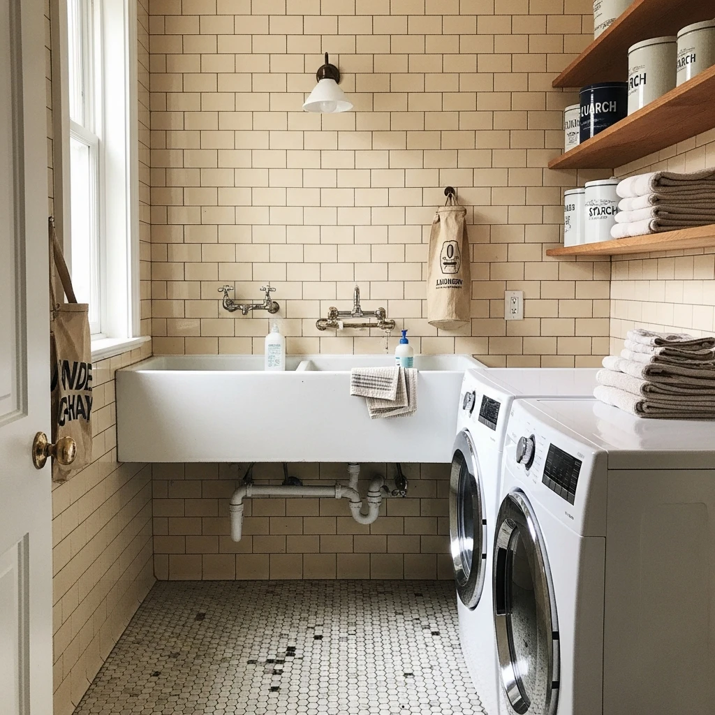 Warm Subway Tile Walls - 50 Vintage Laundry Room Ideas That Look High-End