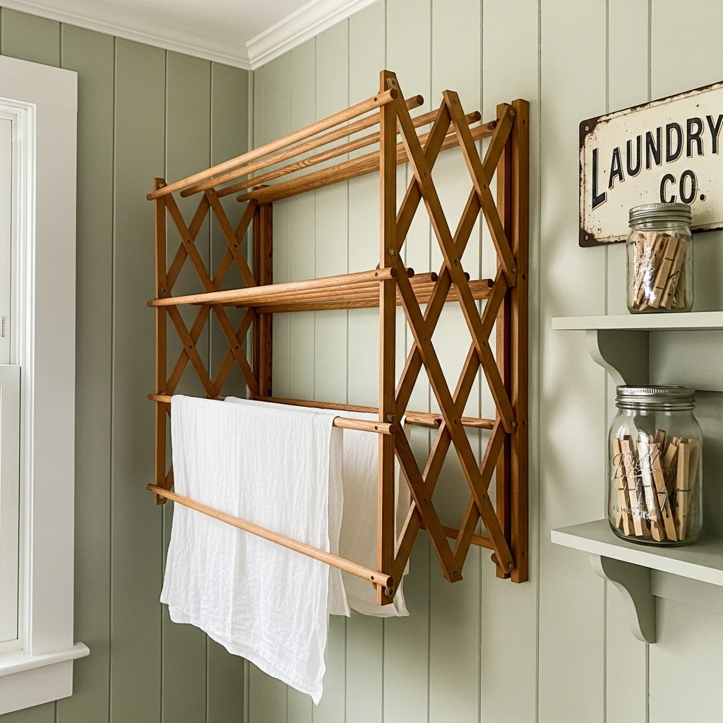 Wooden Drying Rack - 50 Vintage Laundry Room Ideas That Look High-End