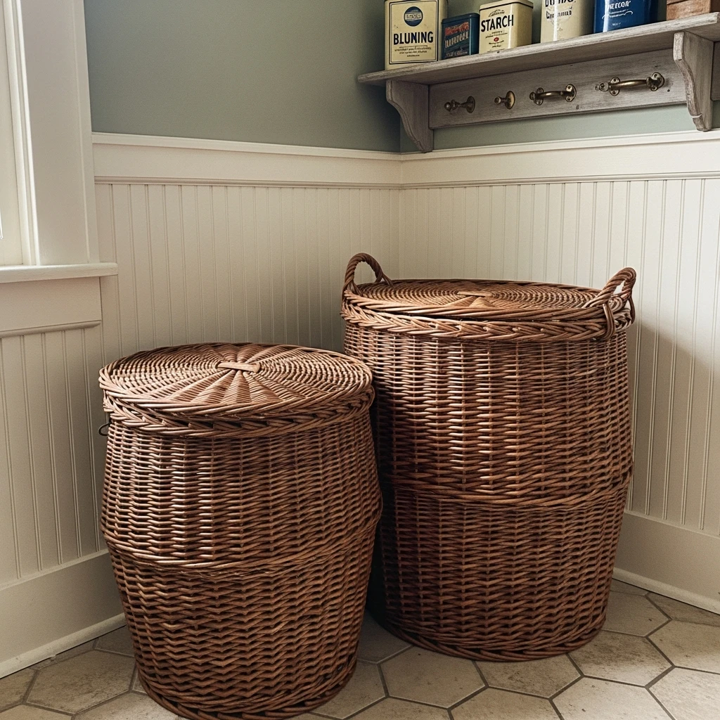 Wicker Laundry Hampers - 50 Vintage Laundry Room Ideas That Look High-End