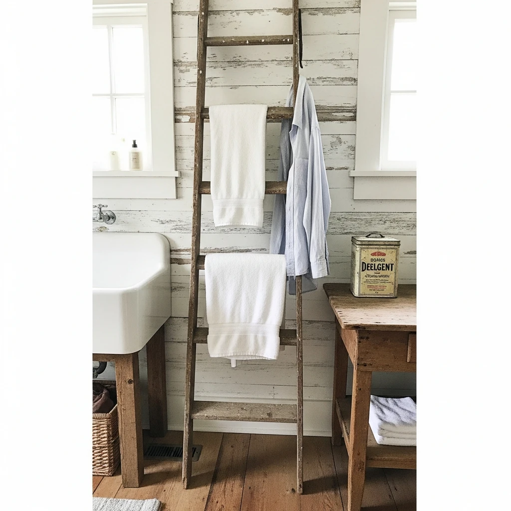 Wooden Ladder Display - 50 Vintage Laundry Room Ideas That Look High-End