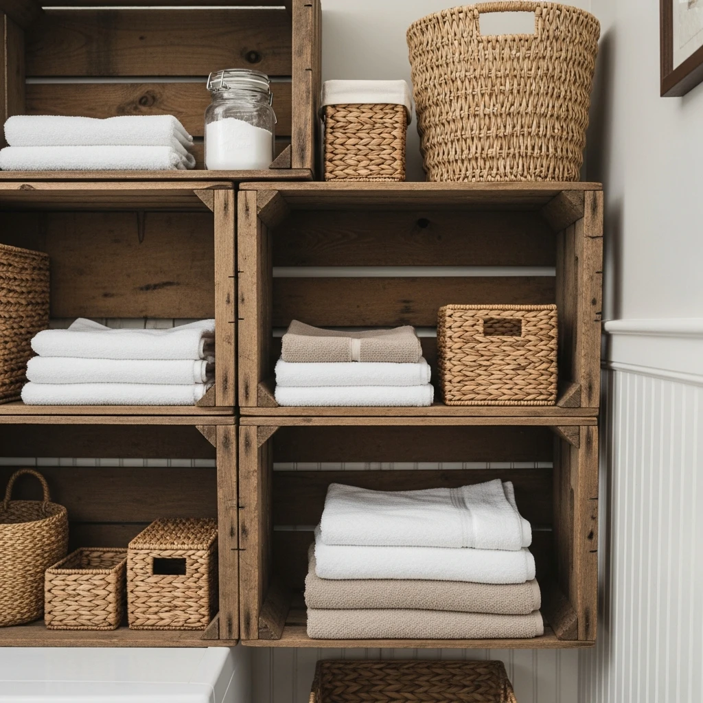 Crate-Style Open Shelving - 50 Vintage Laundry Room Ideas That Look High-End