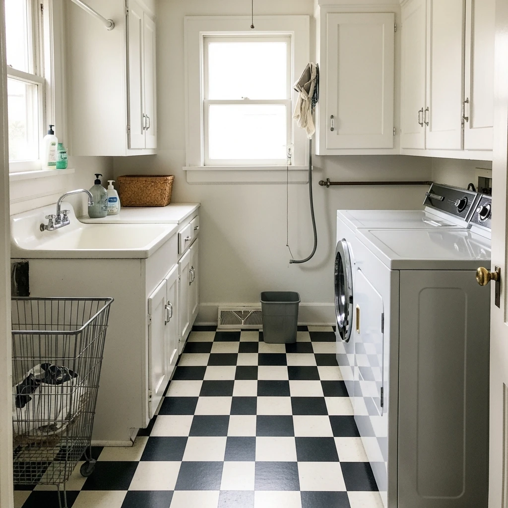 Black Checkerboard Flooring - 50 Vintage Laundry Room Ideas That Look High-End