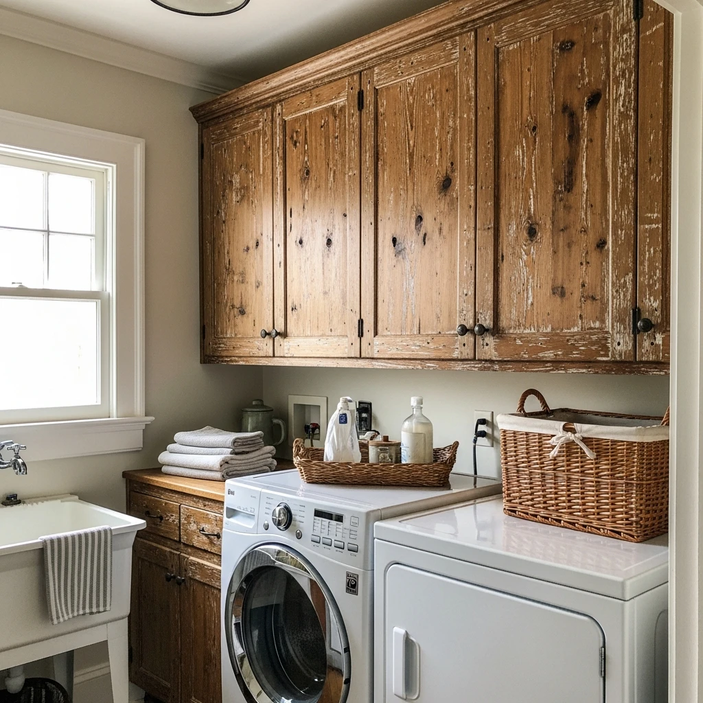 Distressed Wood Cabinets - 50 Vintage Laundry Room Ideas That Look High-End