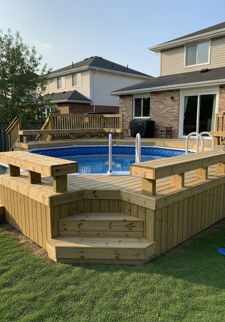 Deck With Built-In Seating - 50 Genius Above Ground Pool Ideas That Look High-End