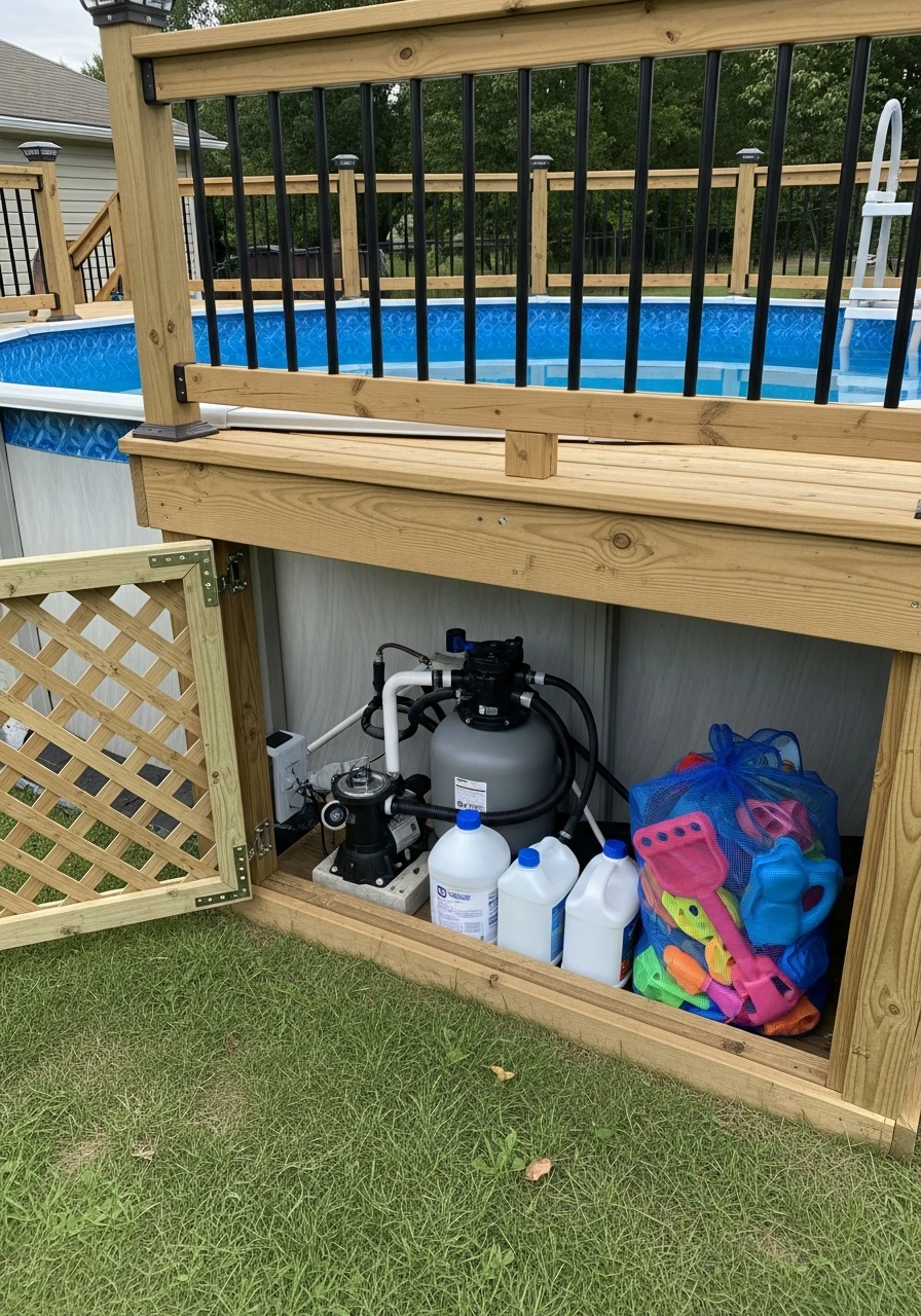 Hidden Deck Storage Spot - 50 Genius Above Ground Pool Ideas That Look High-End