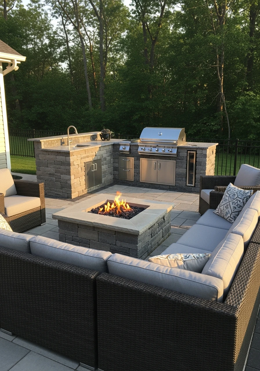 Near The Outdoor Kitchen - 50 Backyard Fire Pit Ideas That Look High-End on a Budget