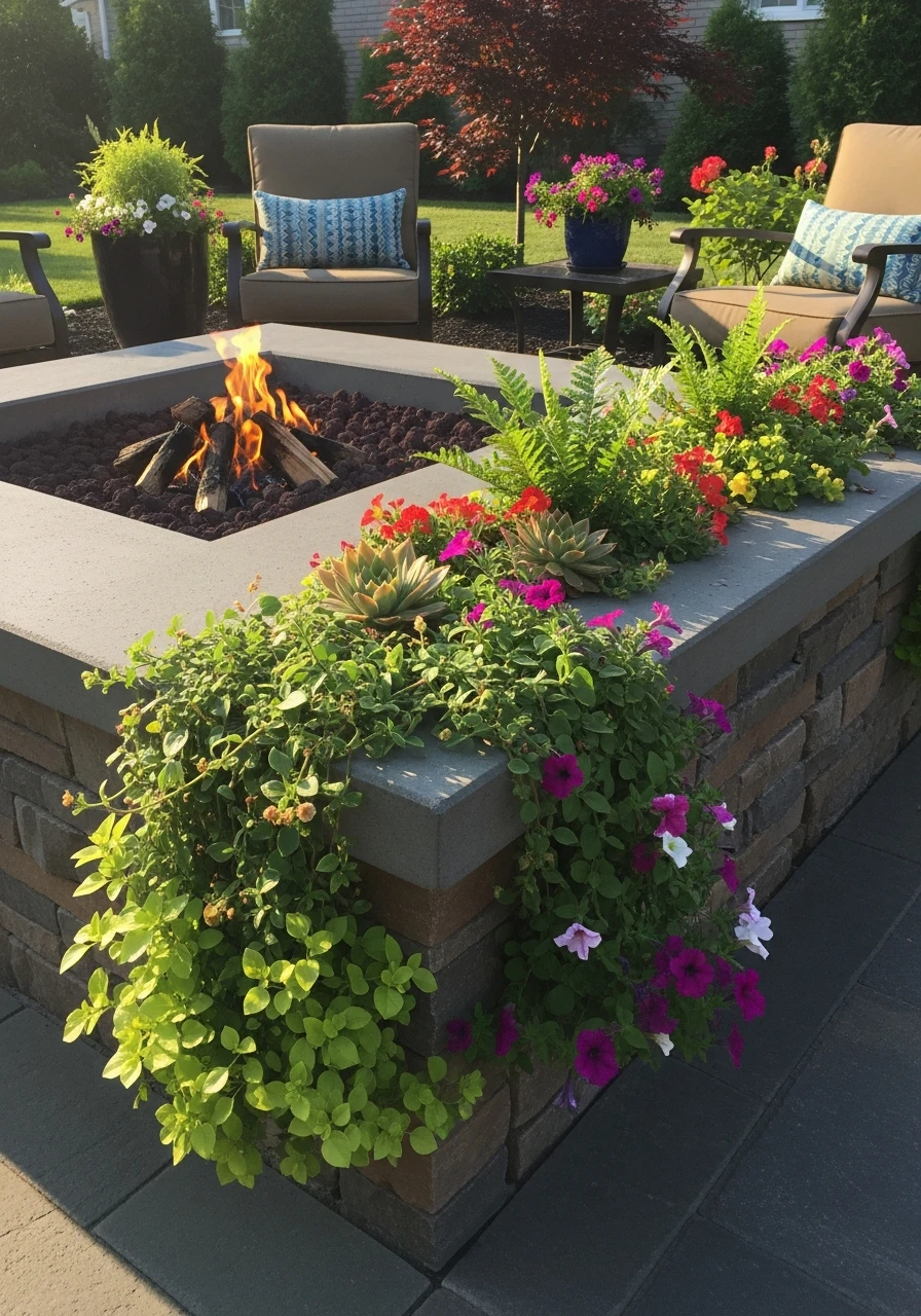 Greenery Planter Edge - 50 Backyard Fire Pit Ideas That Look High-End on a Budget