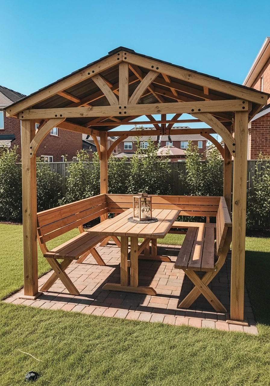 Permanent Dining Benches - 50 Genius Backyard Gazebo Ideas for a Dreamy Outdoor Space