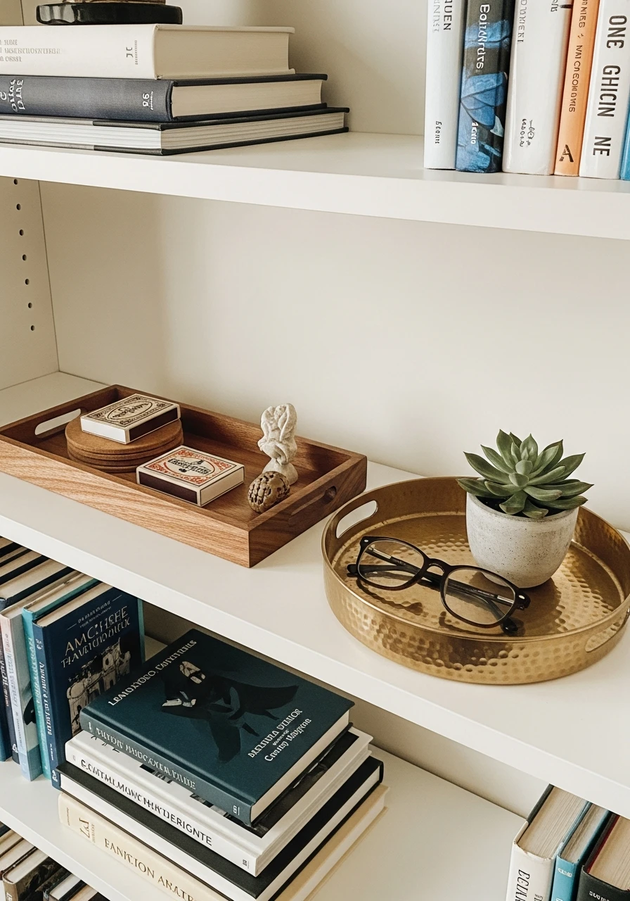 Group Items on Trays - 50 Genius Book Shelf Decor Ideas for a High-End Look