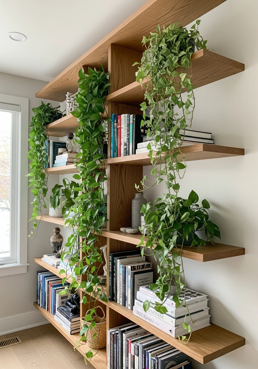 Add Cascading Greenery - 50 Genius Book Shelf Decor Ideas for a High-End Look