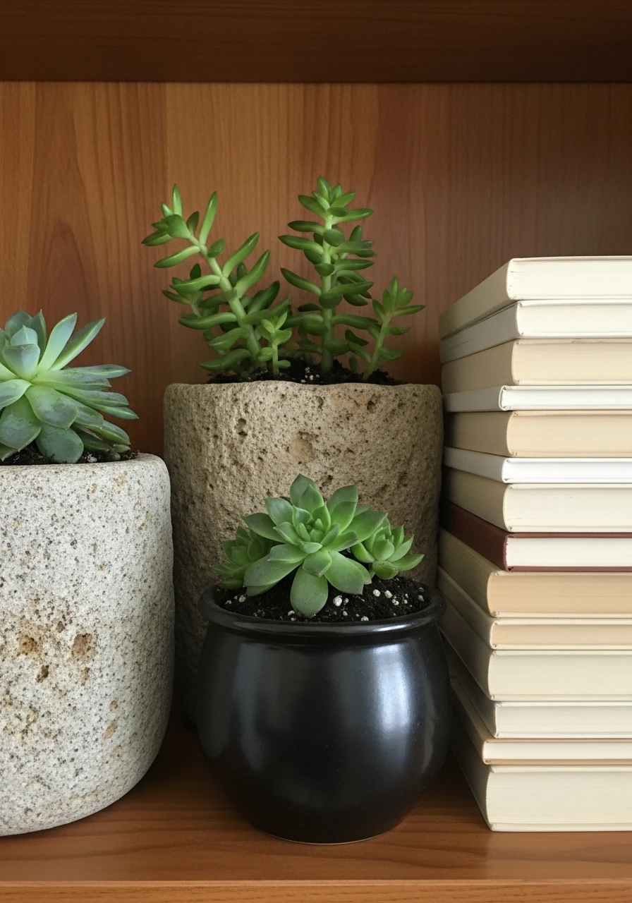 Succulents in Stone Pots - 50 Genius Book Shelf Decor Ideas for a High-End Look