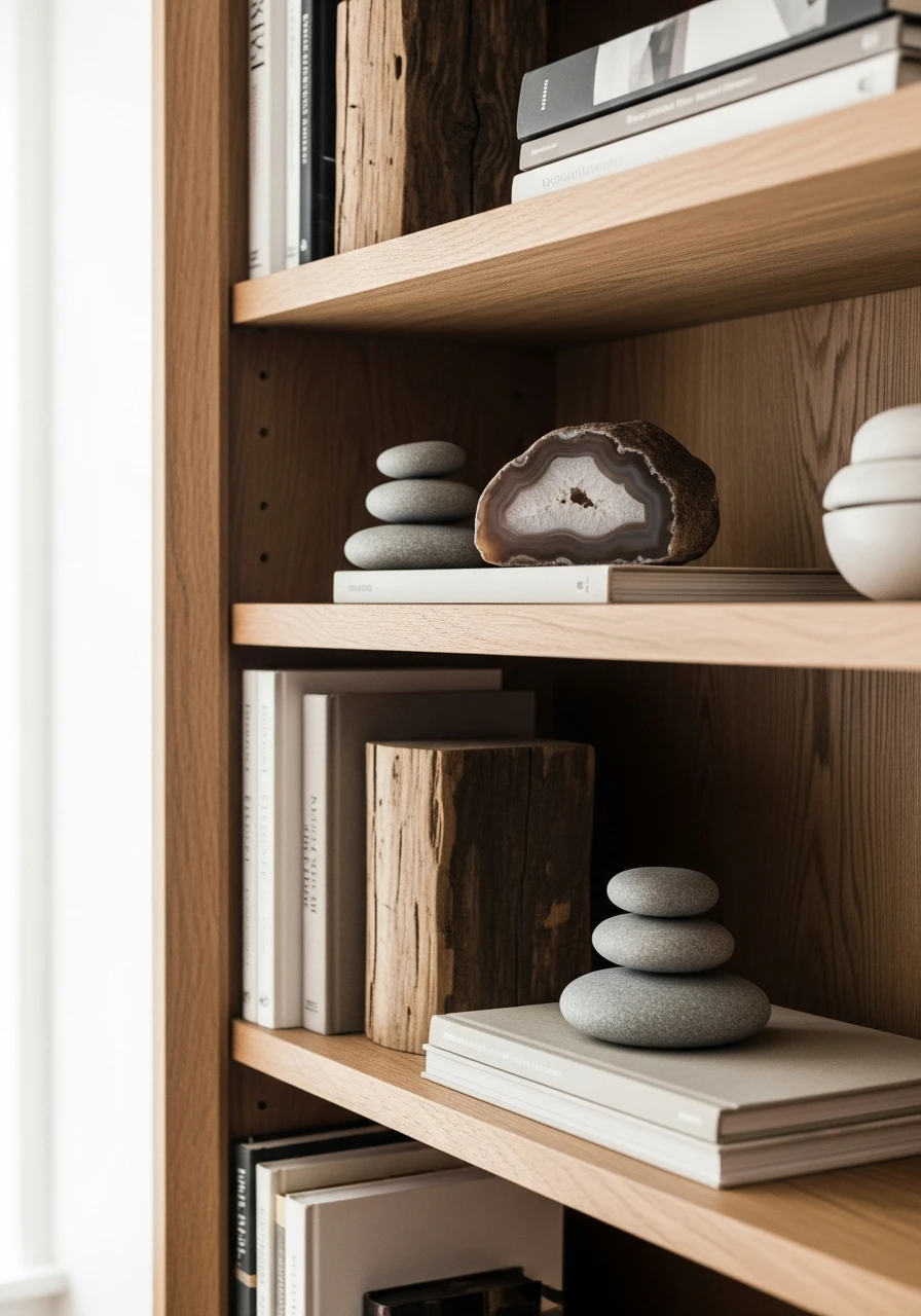 Earthy Wood and Stone - 50 Genius Book Shelf Decor Ideas for a High-End Look