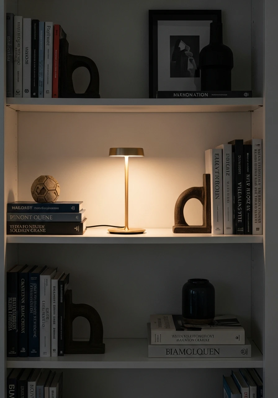 Use Compact Accent Lamps - 50 Genius Book Shelf Decor Ideas for a High-End Look