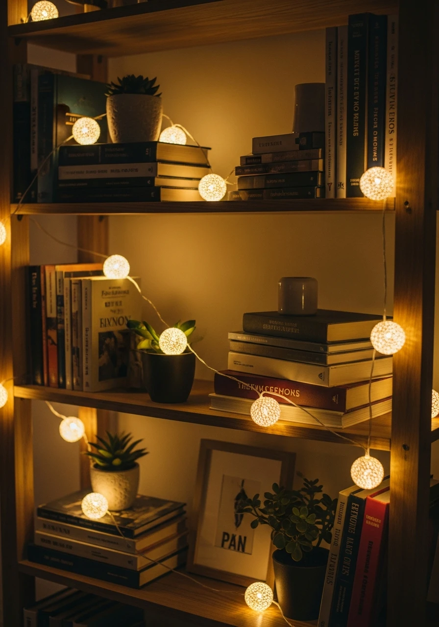 Soft Fairy String Lights - 50 Genius Book Shelf Decor Ideas for a High-End Look