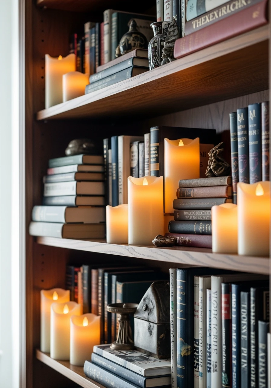 Cozy Flameless Candles - 50 Genius Book Shelf Decor Ideas for a High-End Look