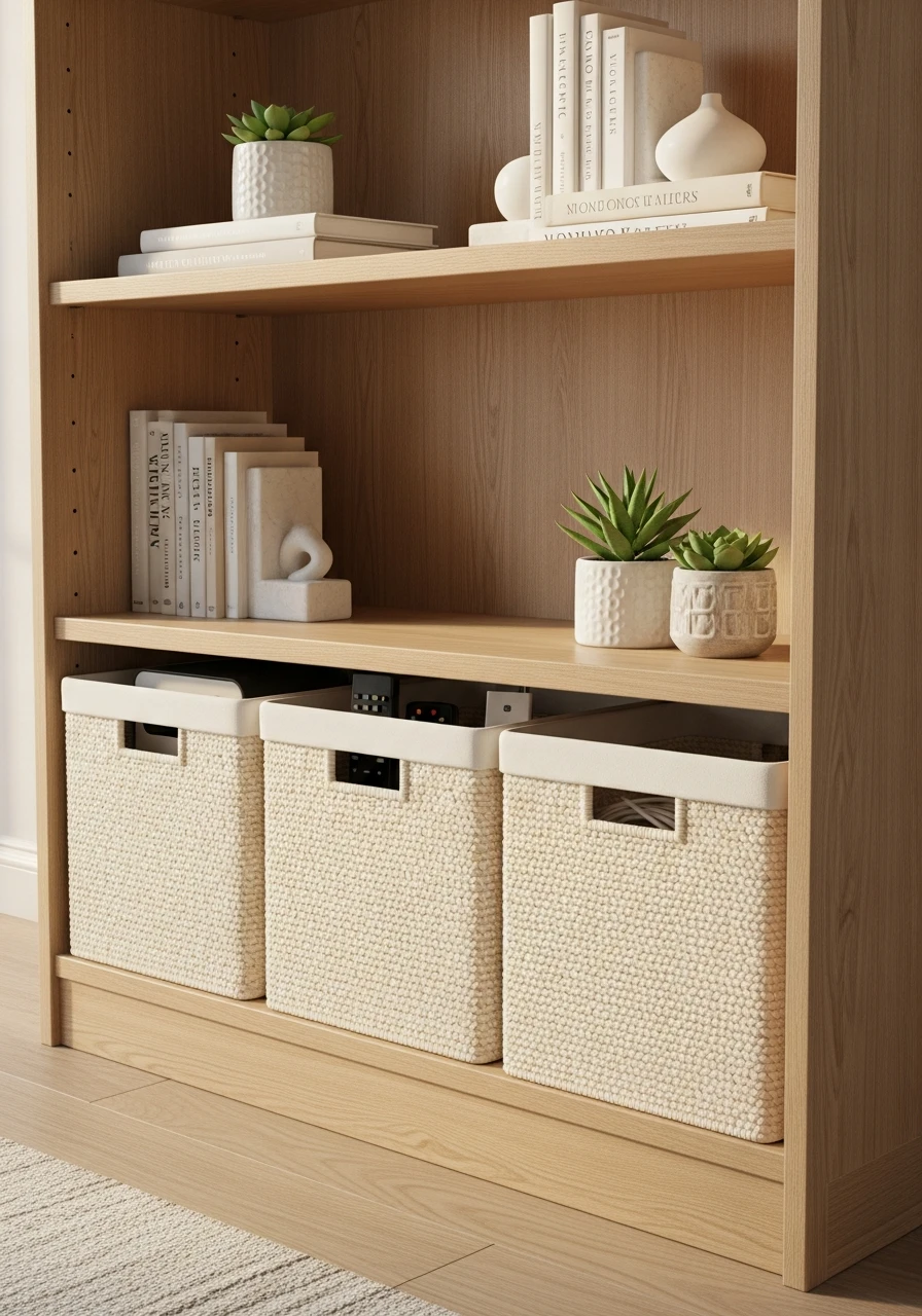 Hide Clutter with Baskets - 50 Genius Book Shelf Decor Ideas for a High-End Look