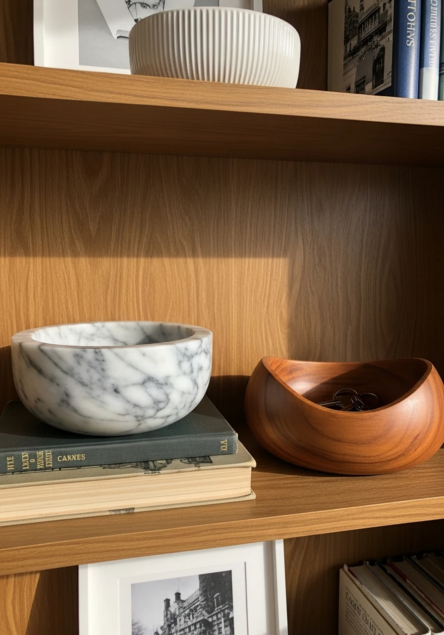 Use Bowls for Storage - 50 Genius Book Shelf Decor Ideas for a High-End Look