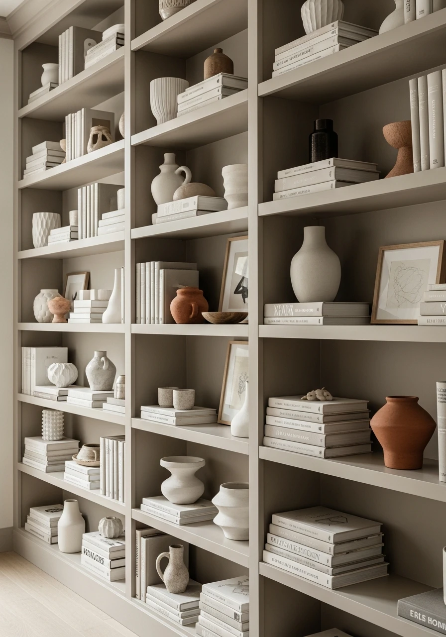 Tight, Intentional Groupings - 50 Genius Book Shelf Decor Ideas for a High-End Look