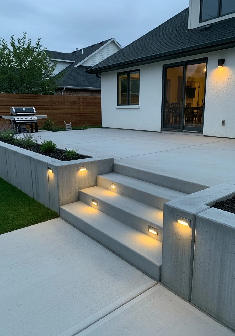 Embedded Step Lighting - 50 Concrete Patio Ideas That Look Expensive (But Aren't)