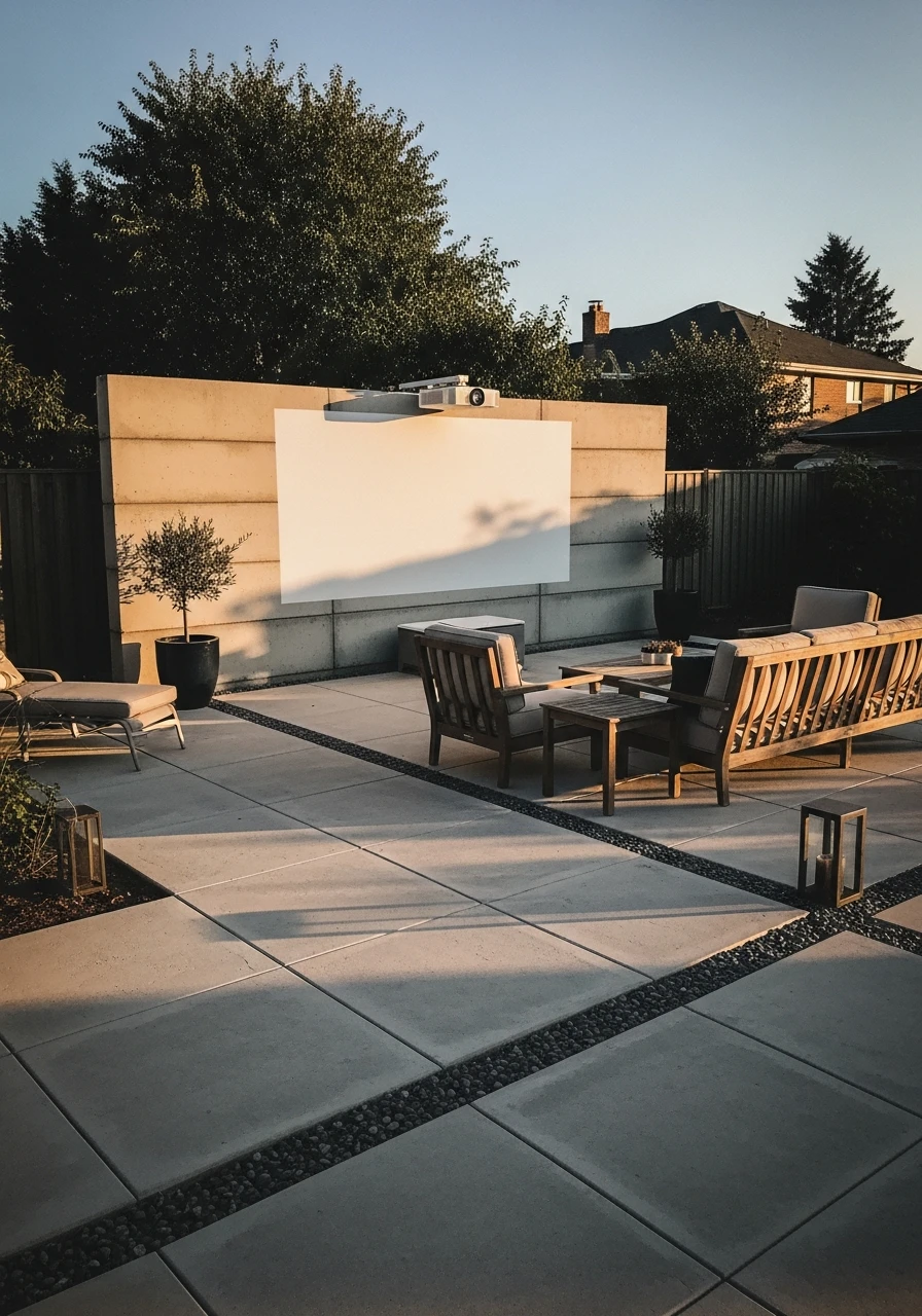 Outdoor Movie Wall - 50 Concrete Patio Ideas That Look Expensive (But Aren't)