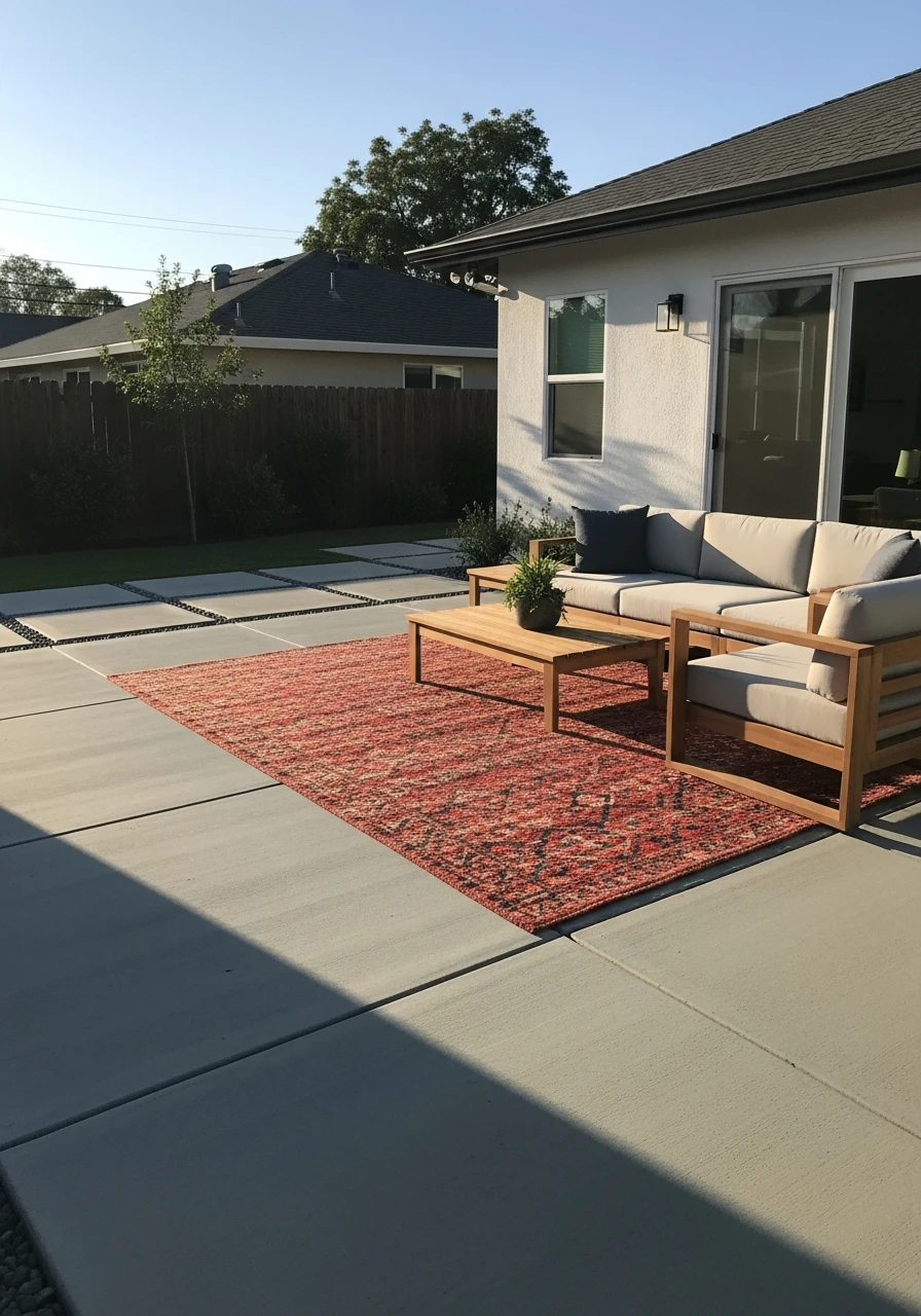 Define Zones With Rugs - 50 Concrete Patio Ideas That Look Expensive (But Aren't)