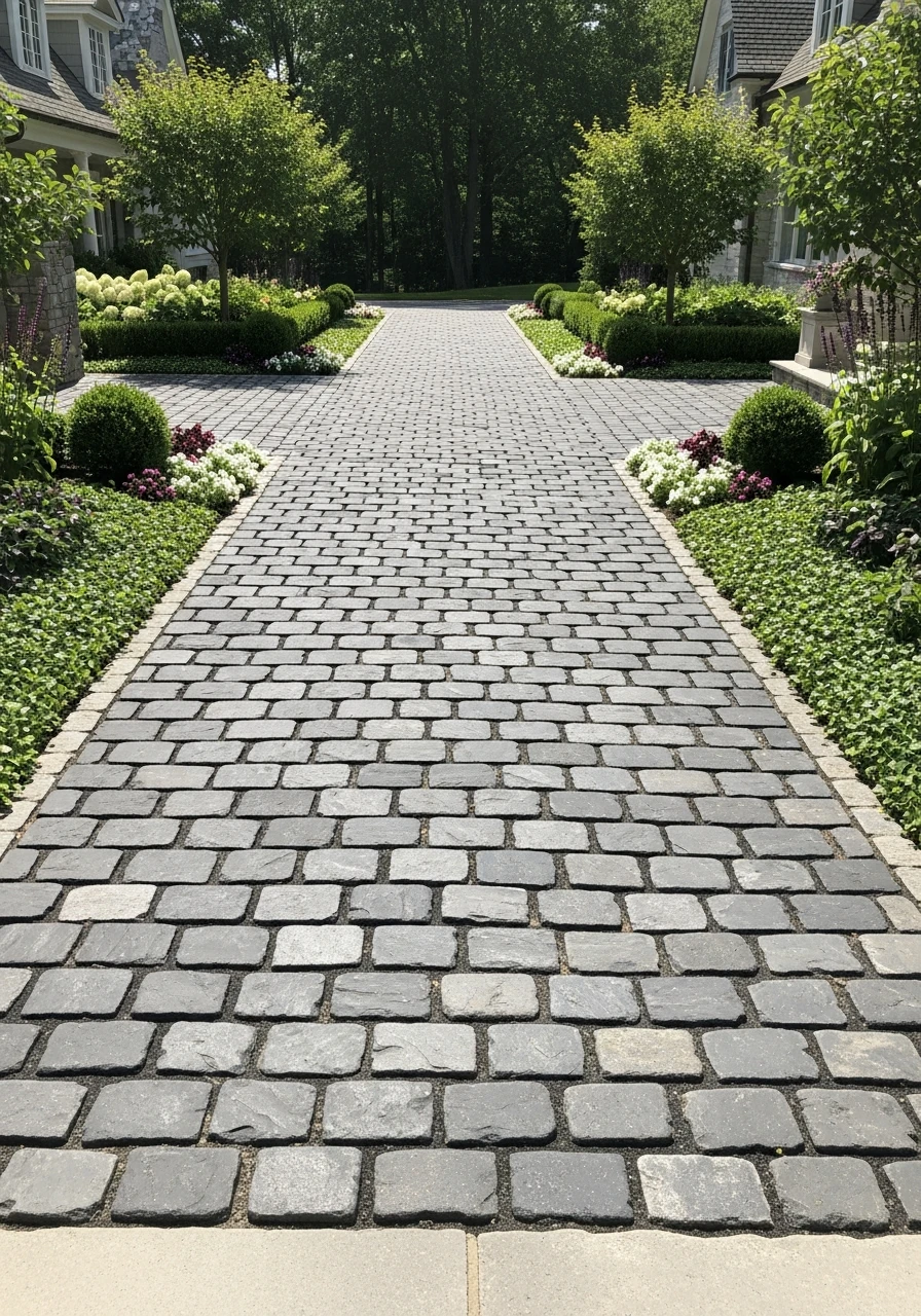 Classic Cobblestone Design - 50 Driveway Landscaping Ideas That Make Your Home Look Expensive