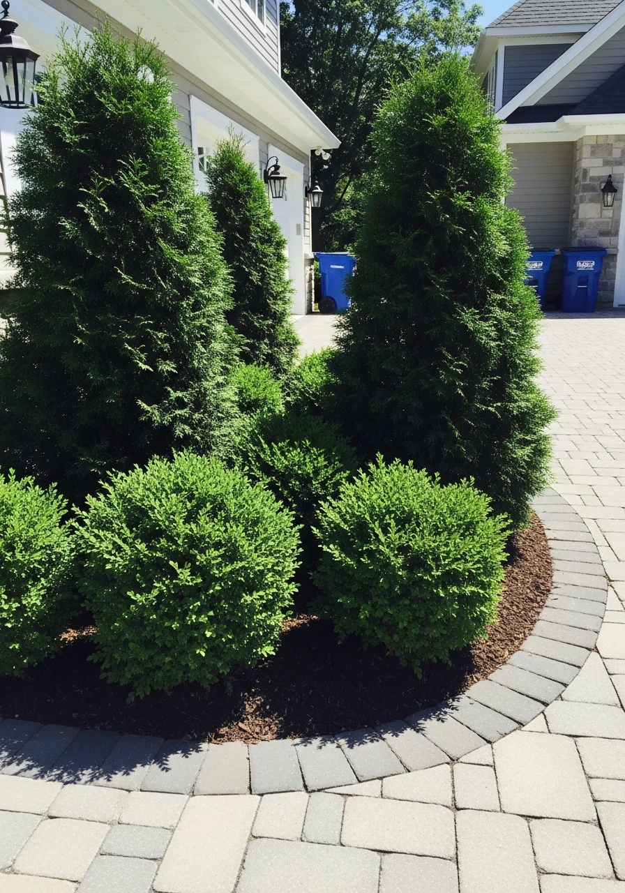 Evergreen Shrub Framing - 50 Driveway Landscaping Ideas That Make Your Home Look Expensive