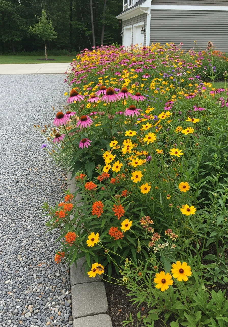 Native Flower Beds - 50 Driveway Landscaping Ideas That Make Your Home Look Expensive