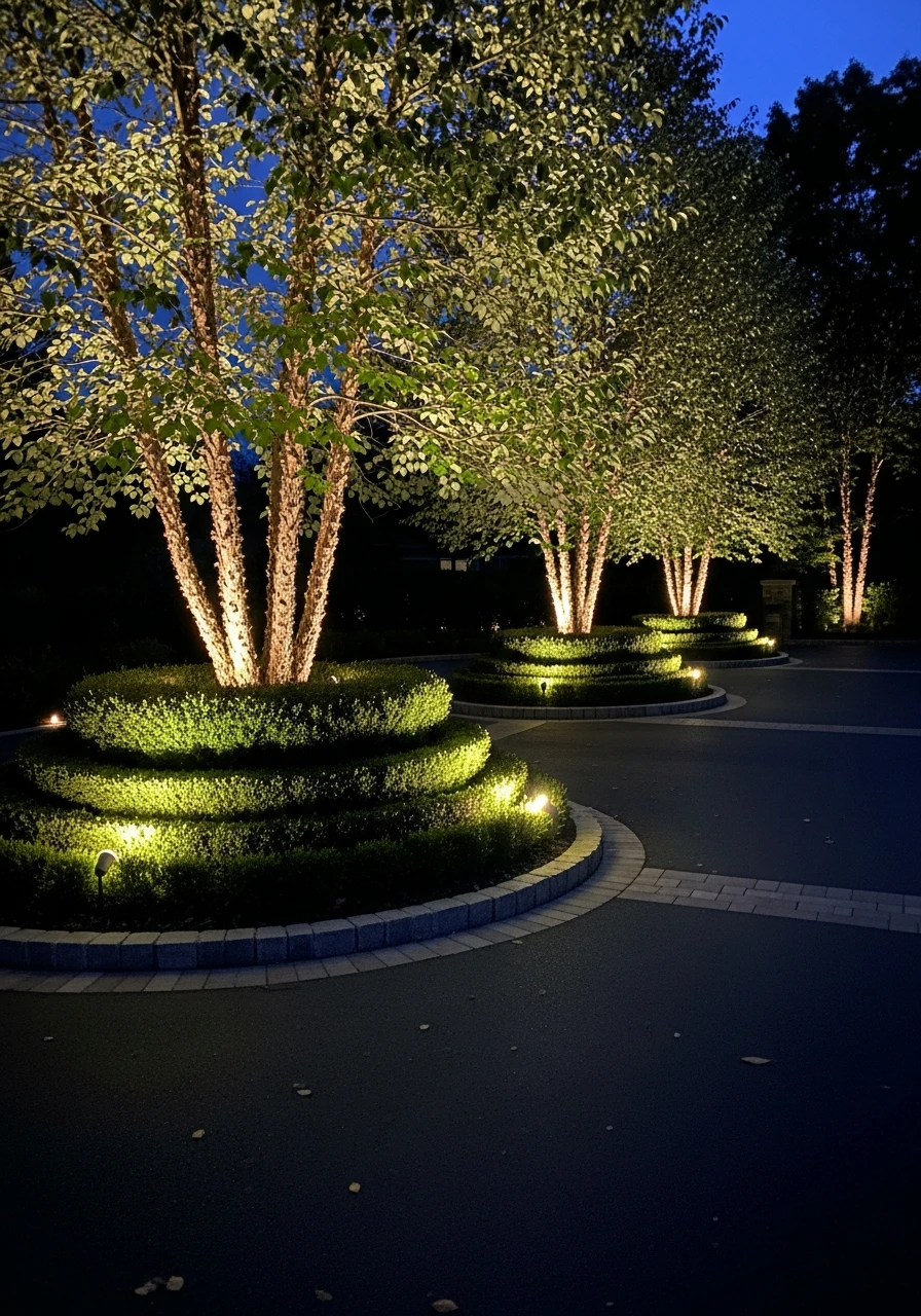 Dramatic Tree Uplighting - 50 Driveway Landscaping Ideas That Make Your Home Look Expensive