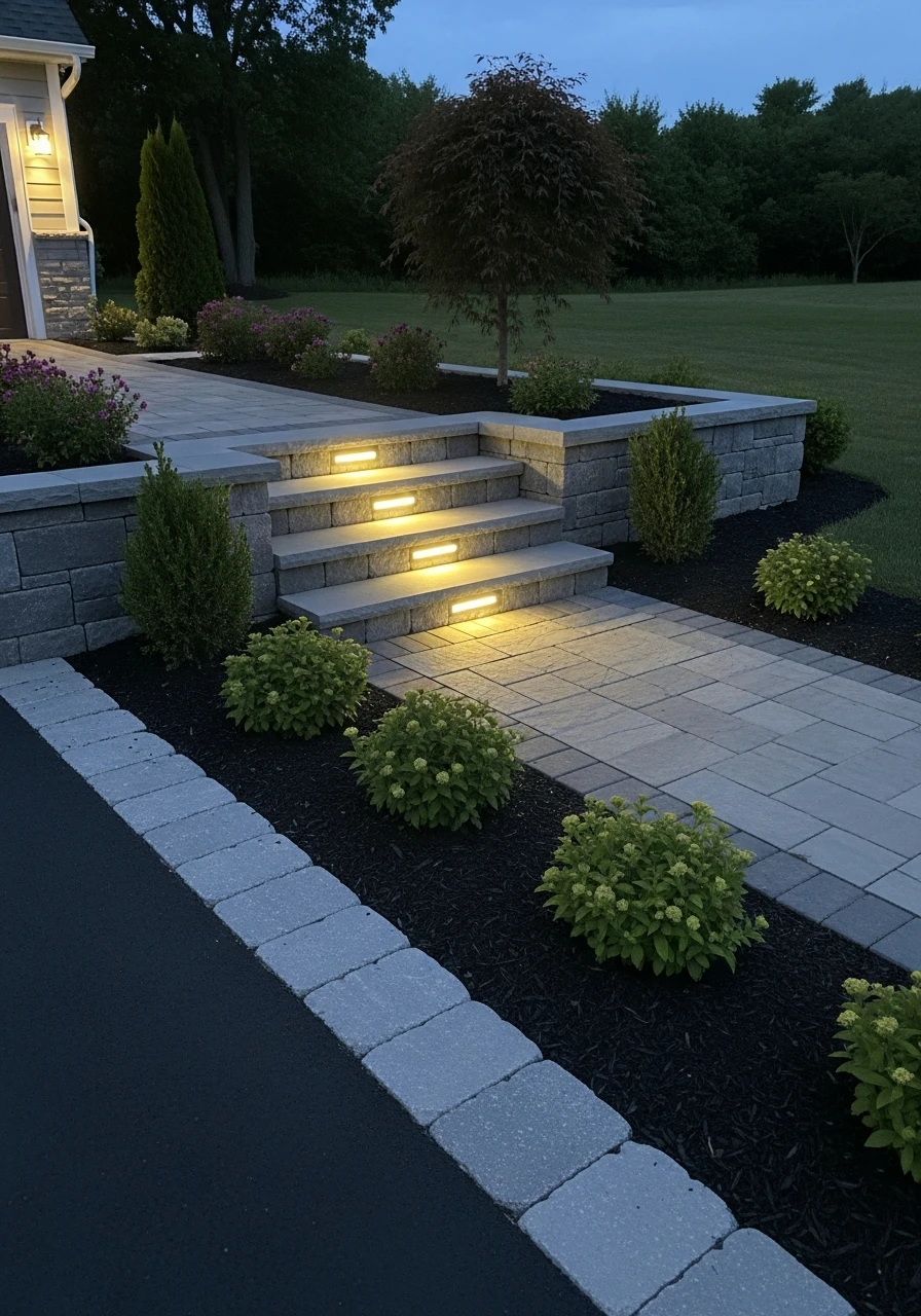 Step Transition Lighting - 50 Driveway Landscaping Ideas That Make Your Home Look Expensive