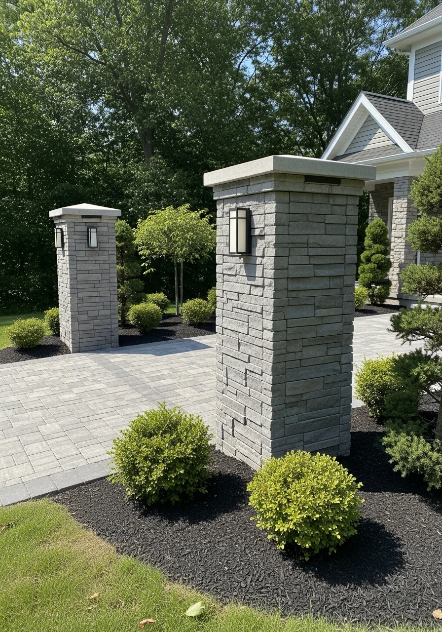 Grand Stone Entry Columns - 50 Driveway Landscaping Ideas That Make Your Home Look Expensive