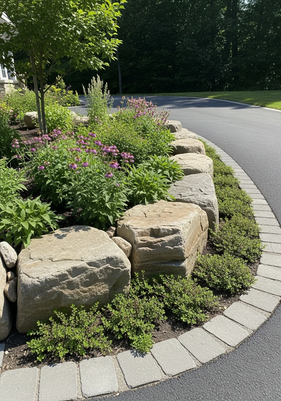 Decorative Boulder Accents - 50 Driveway Landscaping Ideas That Make Your Home Look Expensive