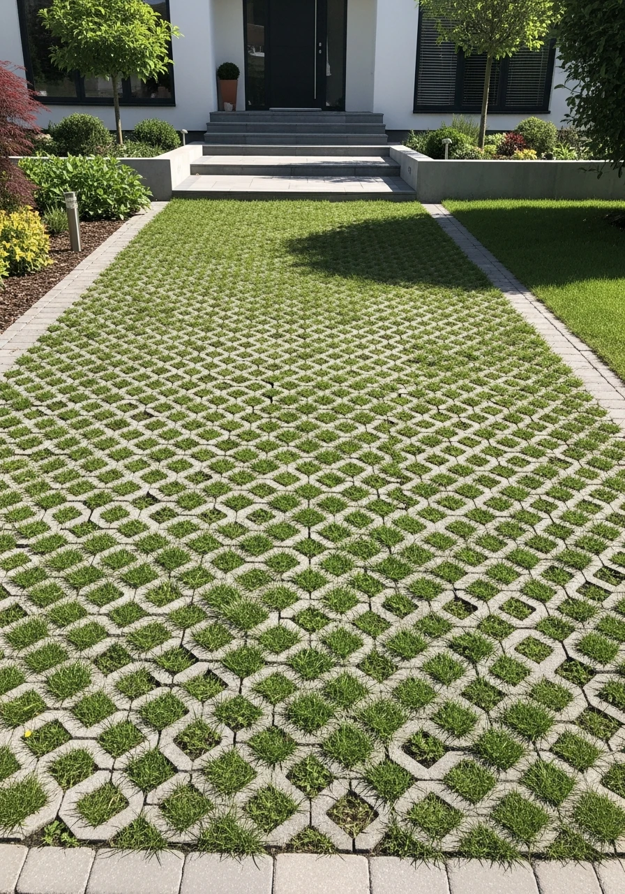 Grass-Infill Paver Grids - 50 Driveway Landscaping Ideas That Make Your Home Look Expensive