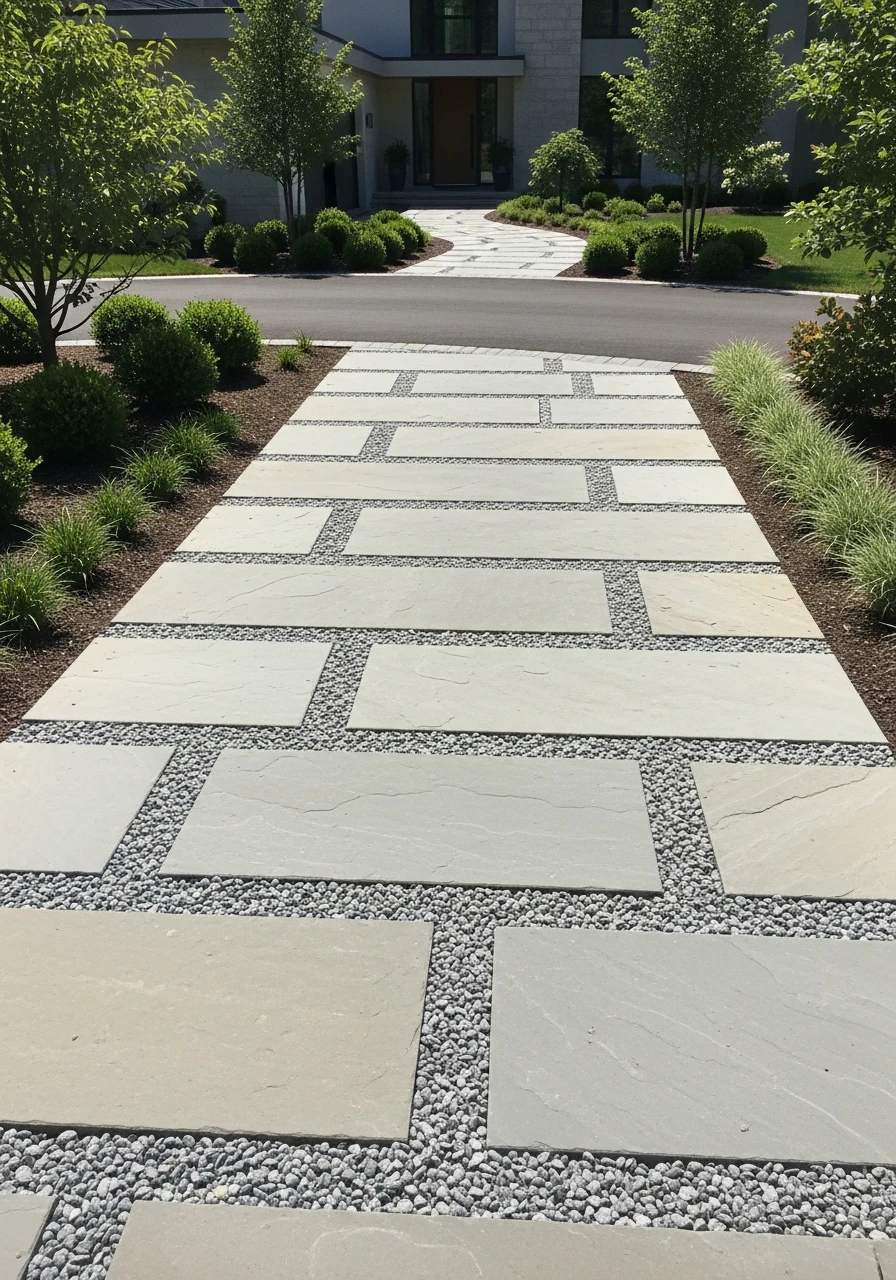 Stone Slabs With Gravel - 50 Driveway Landscaping Ideas That Make Your Home Look Expensive