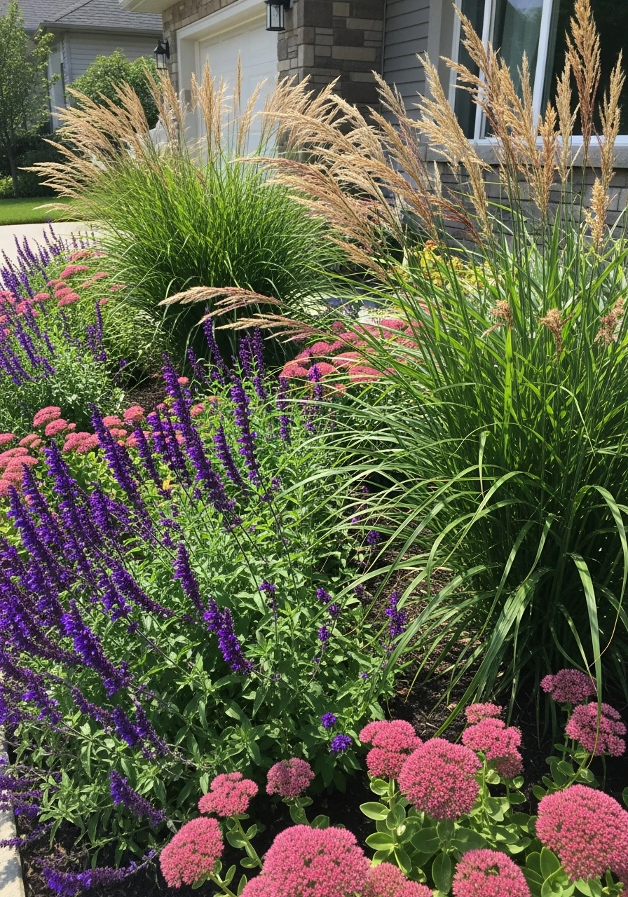 Grass and Flower Blend - 50 Gorgeous Flower Beds in Front of House Ideas for Major Curb Appeal