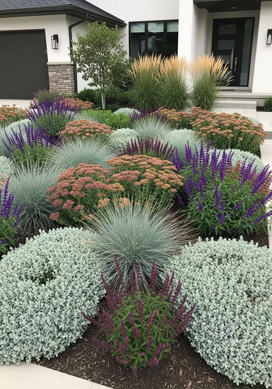 Flower and Grass Blend - 50 Gorgeous Flower Beds in Front of House Ideas for Major Curb Appeal