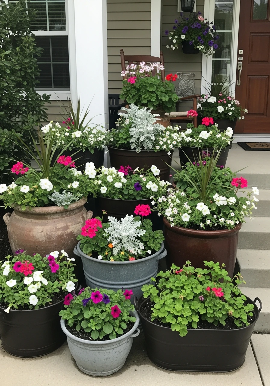 Container Cluster Entry - 50 Gorgeous Flower Beds in Front of House Ideas for Major Curb Appeal
