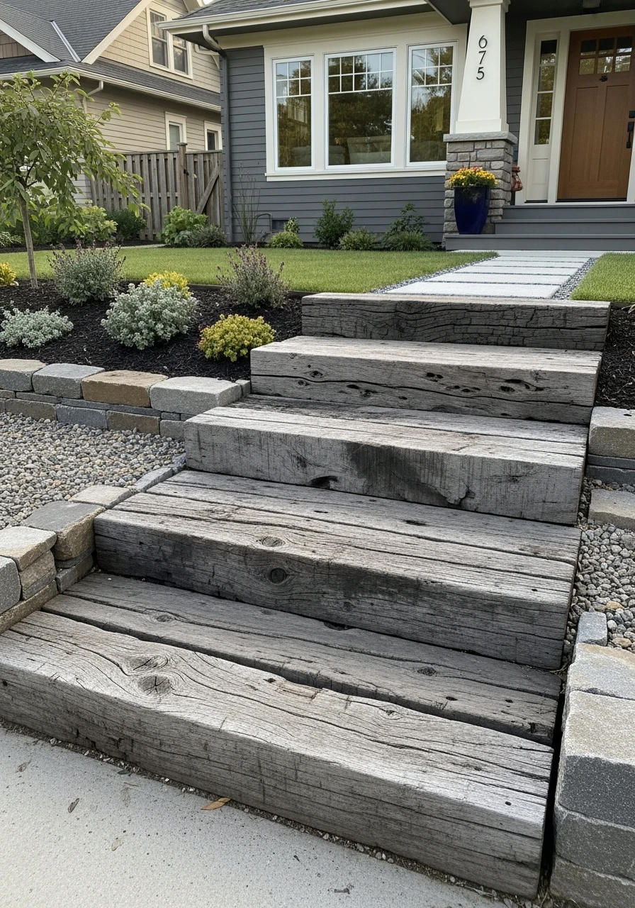 Reclaimed Wood Steps - 50 Budget-Friendly Front Yard Landscaping Ideas for Instant Curb Appeal